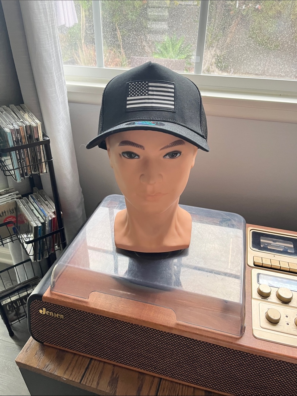 Black Trucker Cap with American Flag Patch